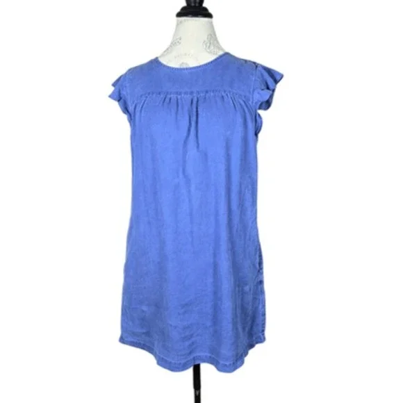 Artisan NY Blue Linen Dress S Summer Flutter Sleeve Mini Dress with Pockets - Picture 2 of 12